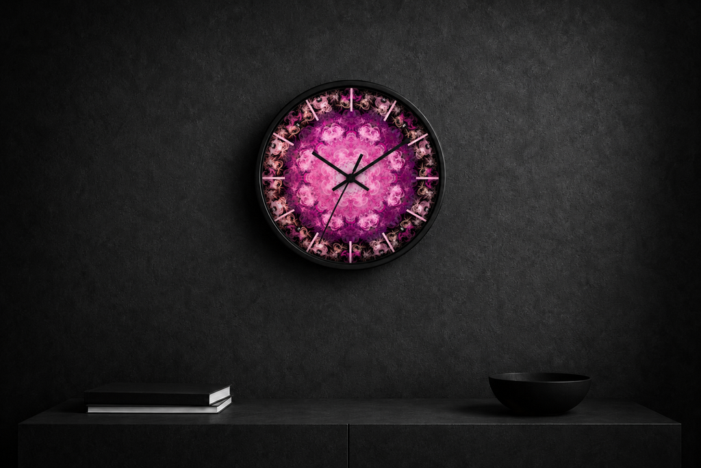 Euphoria pink mandala wall clock by HOUR1207 displayed on a dark modern wall