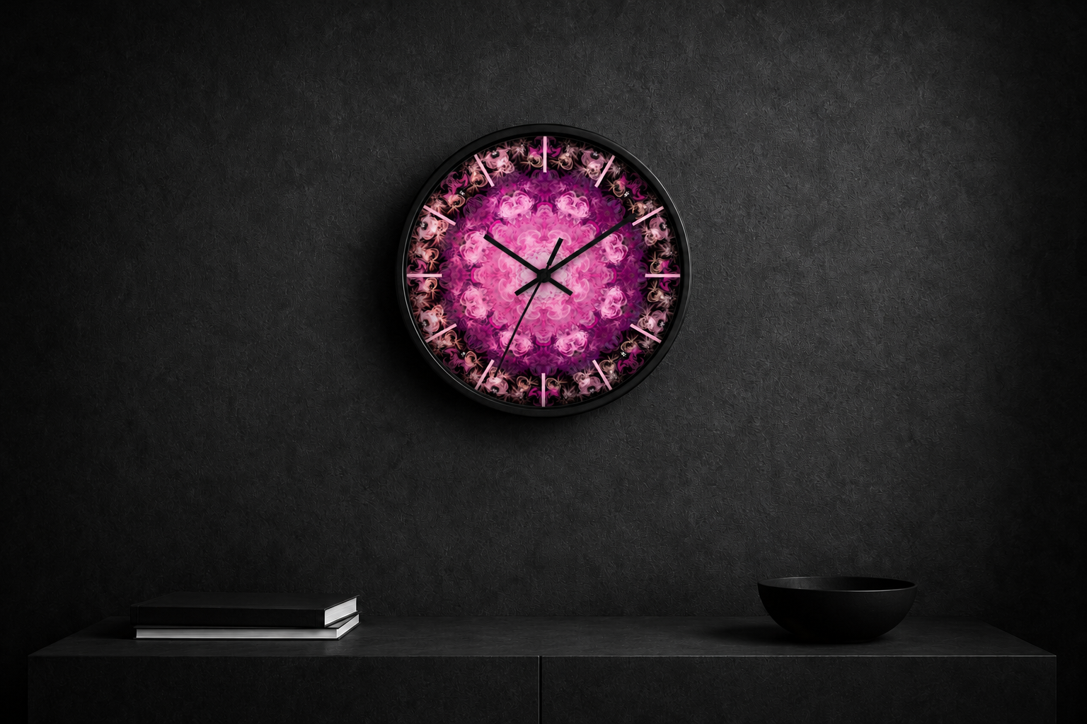 Euphoria pink mandala wall clock by HOUR1207 displayed on a dark modern wall