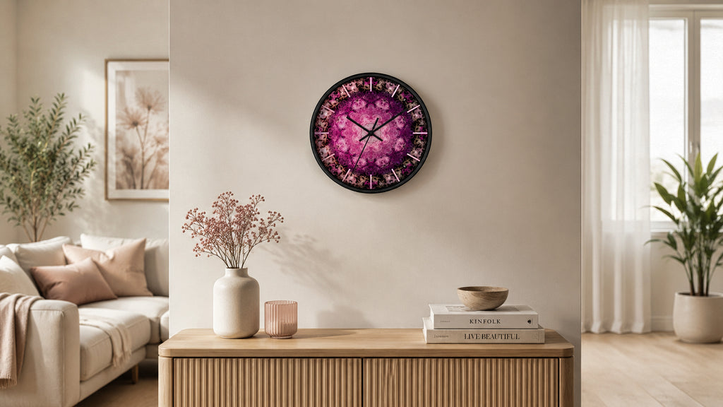 Euphoria pink mandala wall clock by HOUR1207 in a bright modern interior