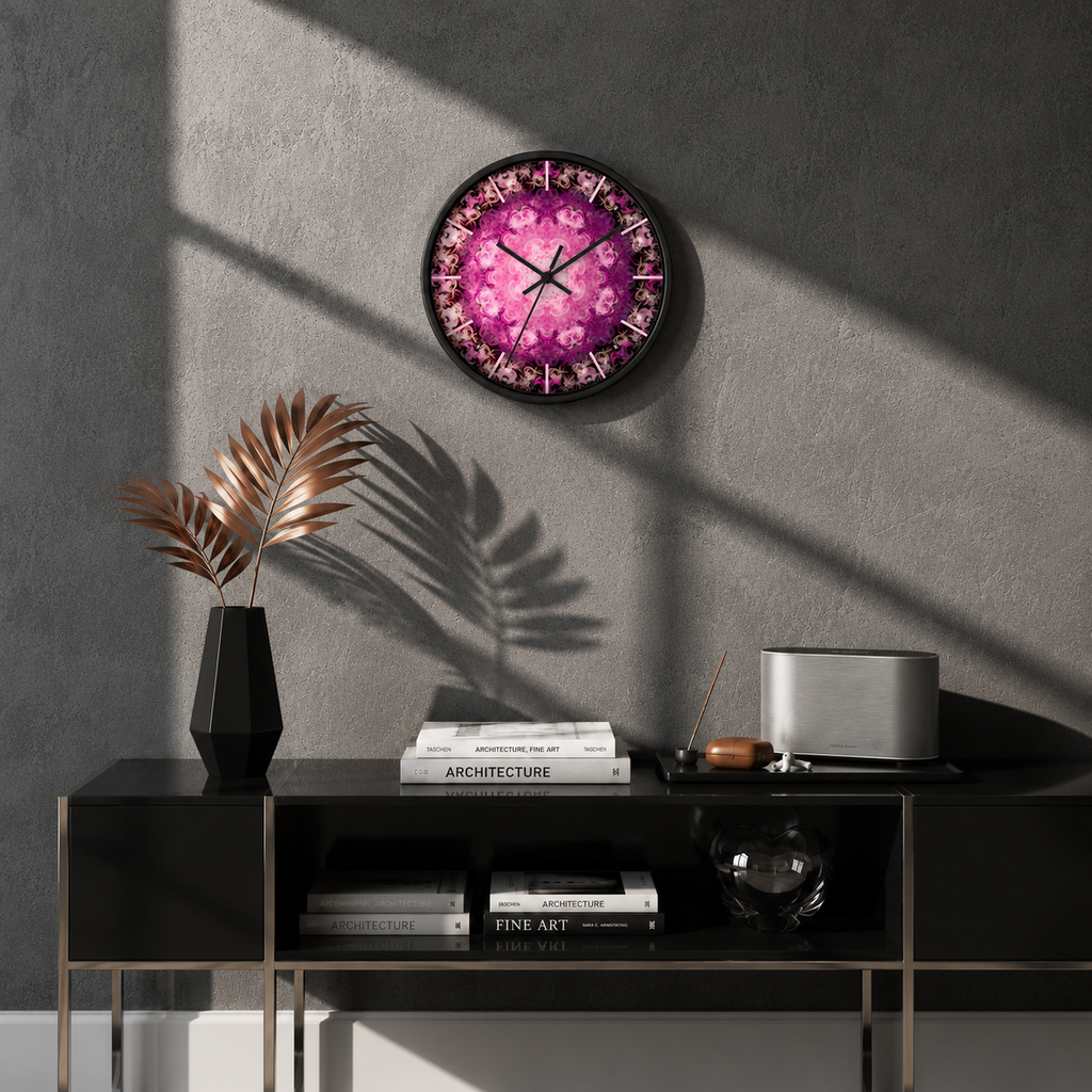 Euphoria pink mandala wall clock by HOUR1207 in a modern luxury interior