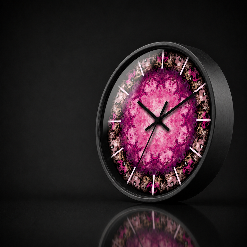Round wall clock with a black wooden frame and luminous pink mandala artwork, shown in a premium dark studio setting with a soft acrylic reflection and subtle mirrored surface.