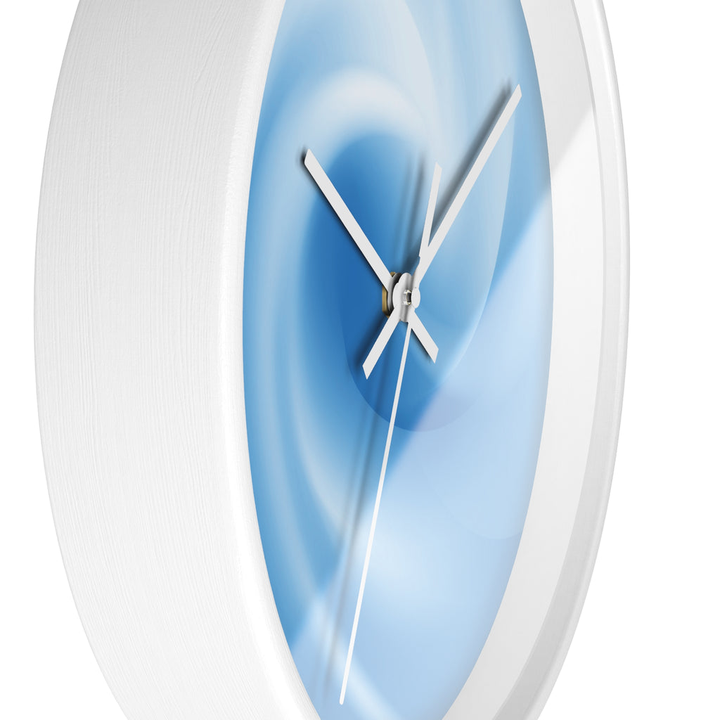 Side view of the “Atlas Veil” round wall clock by HOUR1207 featuring a soft blue vortex-inspired abstract design, minimalist white frame, and clean modern profile with futuristic atmospheric aesthetics.