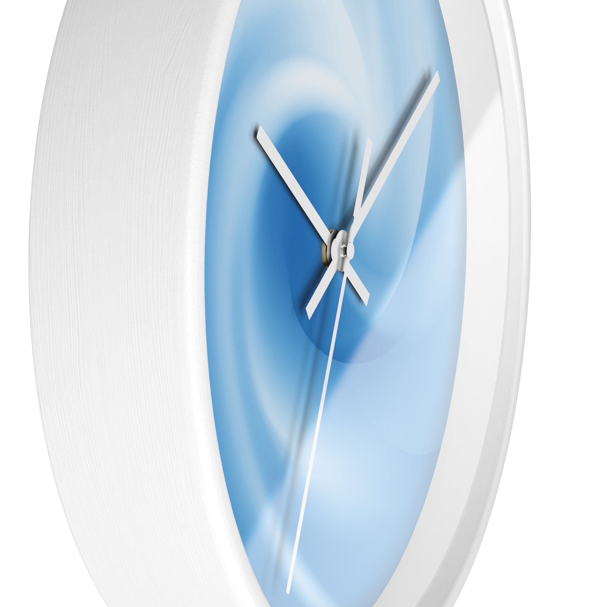 Side view of the “Atlas Veil” round wall clock by HOUR1207 featuring a soft blue vortex-inspired abstract design, minimalist white frame, and clean modern profile with futuristic atmospheric aesthetics.
