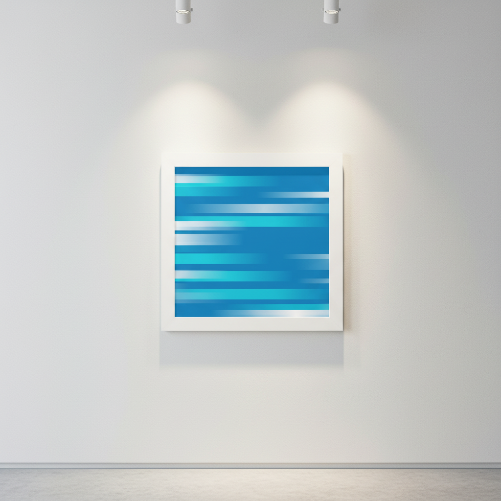 FIRST SOUND by HOUR1207 displayed in a bright minimalist gallery interior — abstract blue geometric wall artwork inspired by hidden sound frequencies and atmospheric rhythm.