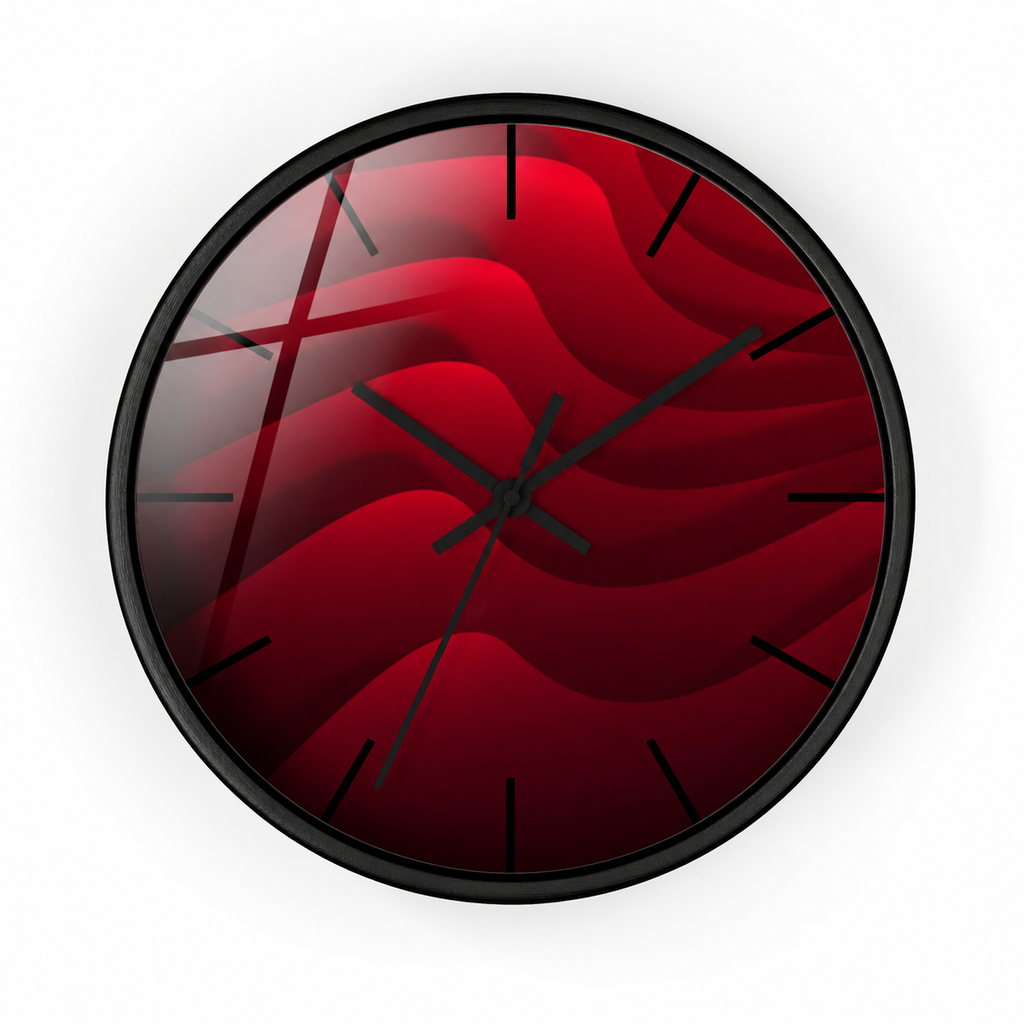 RED HILLS wall clock by HOUR1207 featuring deep crimson layered wave textures with a realistic glossy glass reflection, minimalist black markers, and a matte black frame.