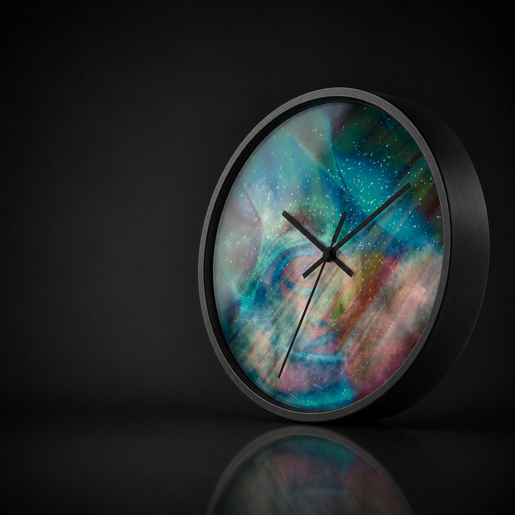 Into Space round wall clock with a black wooden frame and colorful cosmic abstract artwork, presented in a premium dark studio setting with a soft acrylic reflection and subtle mirrored surface.