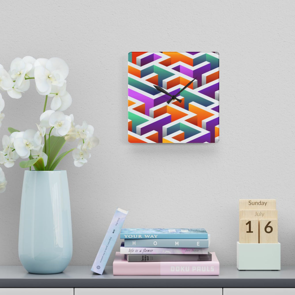acrylic wall clock "LABYRINTH I" in bright modern interior geometric colorful wall clock decor