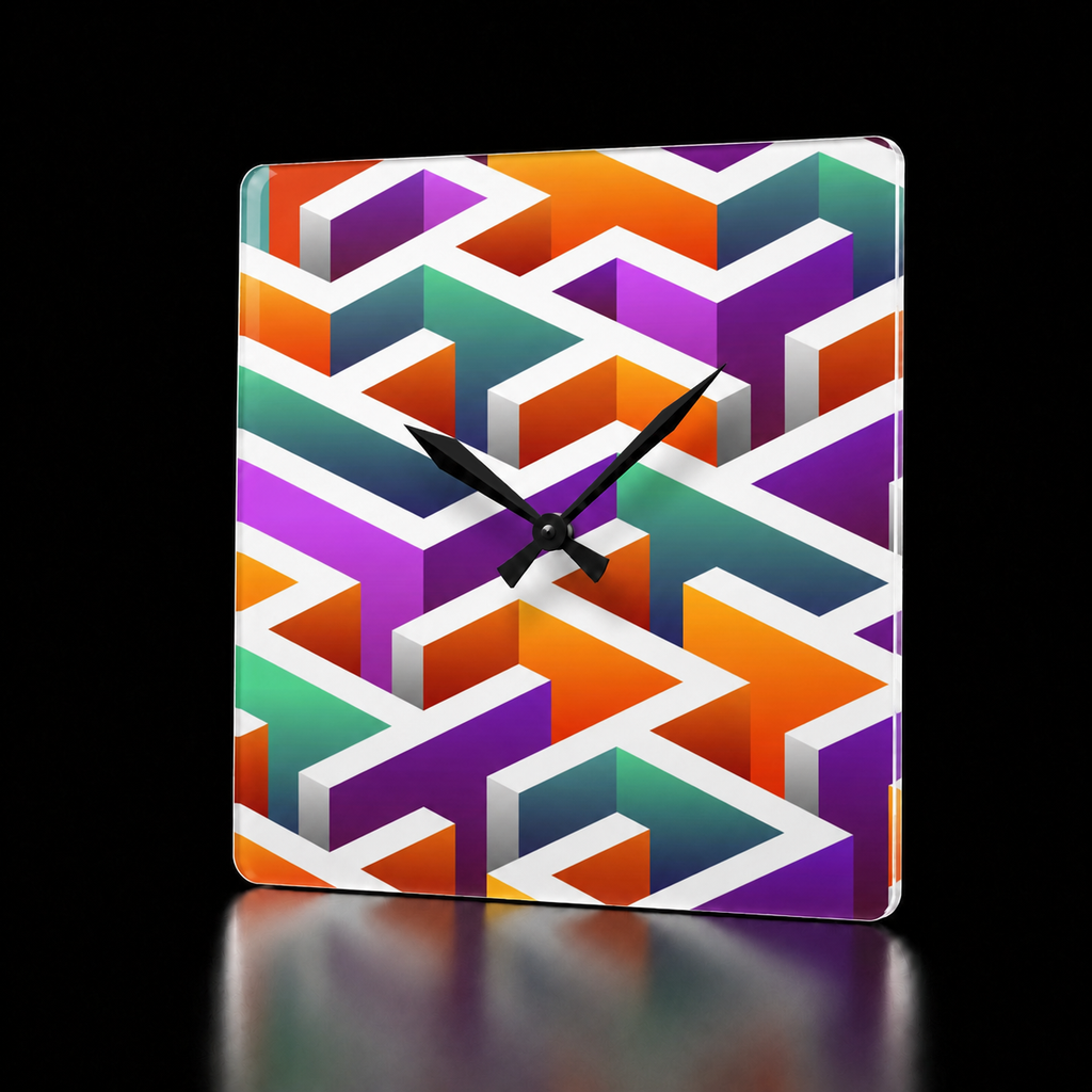 Labyrinth I square acrylic wall clock by HOUR1207 featuring a bold geometric maze pattern in orange, purple, teal, blue, and white, finished with minimalist black hands and a glossy acrylic surface.