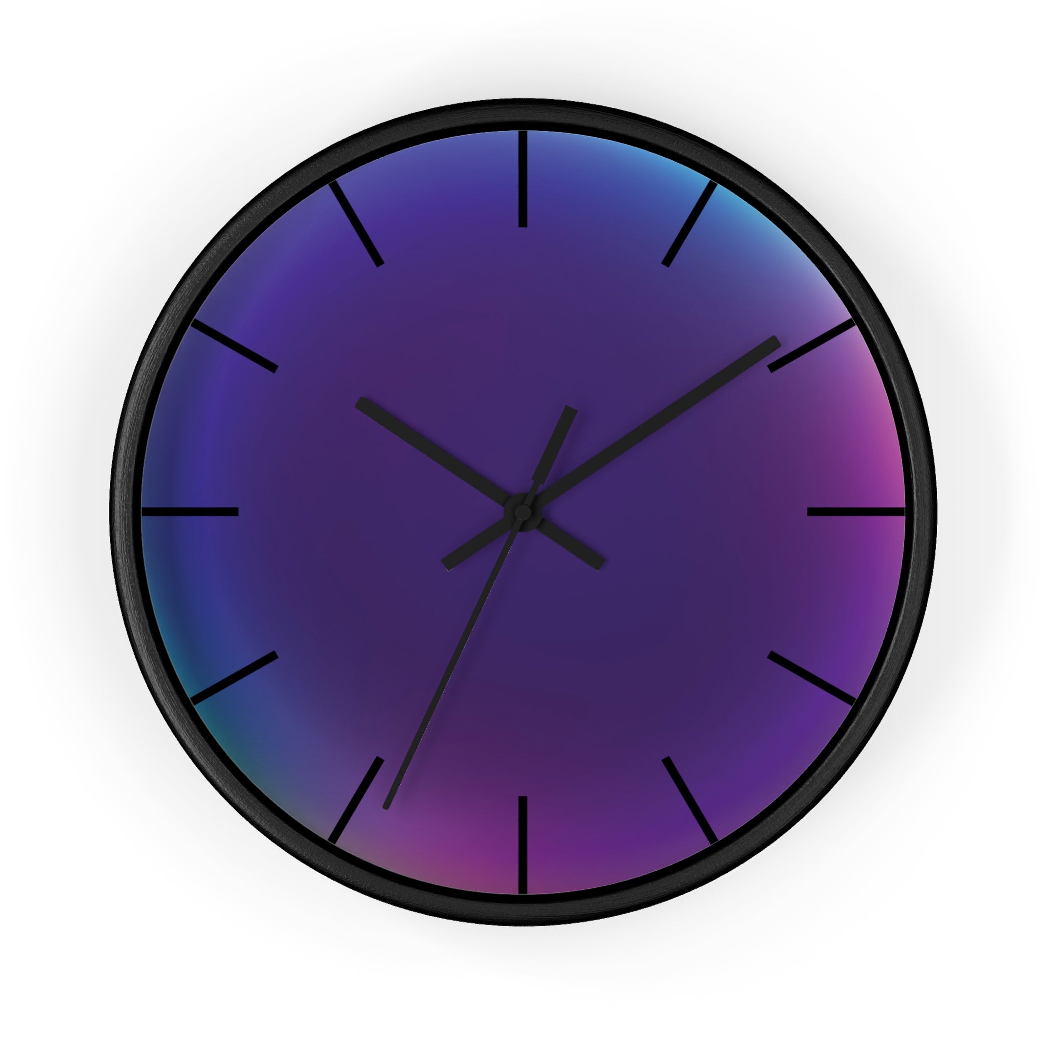 Las Vega Afterlight round wall clock with glossy glass effect, deep violet gradient dial and minimalist black frame in modern futuristic style. HOUR1207