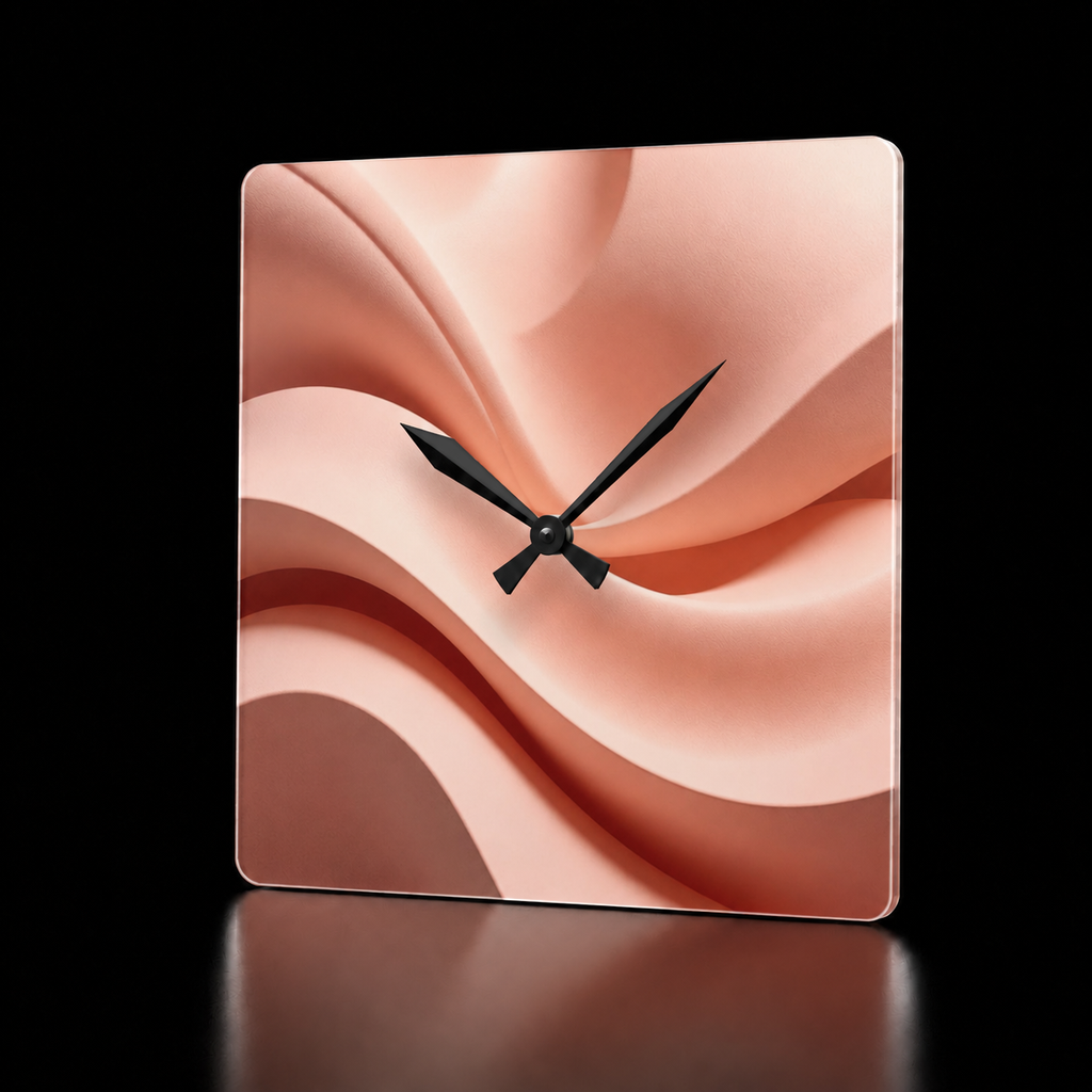 Linea Rosa square acrylic wall clock in a premium three-quarter detail view, featuring an abstract pink linear design, matte black hands, and a glossy acrylic finish against a dark studio background.HOUR1207