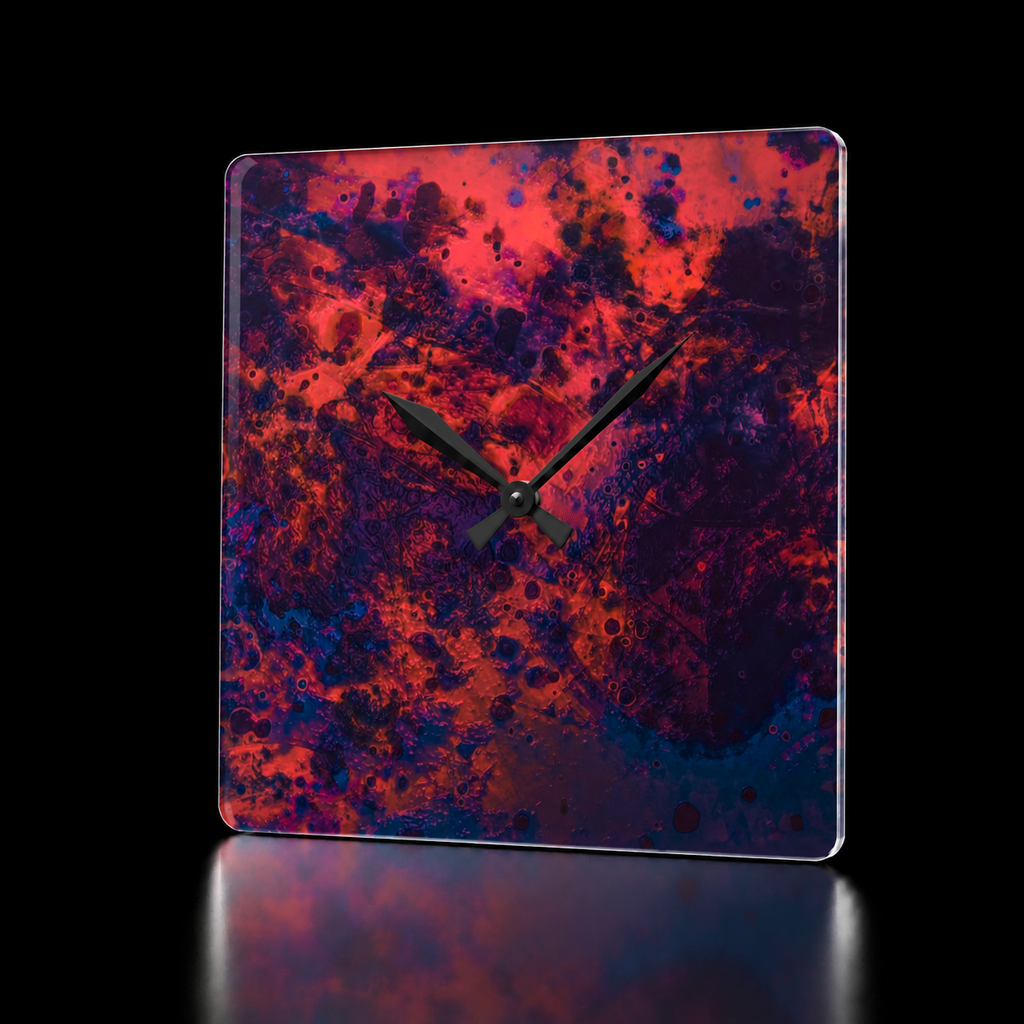 Nocturn I square acrylic wall clock by HOUR1207 featuring a moody abstract composition in deep crimson, magenta, violet, and dark blue tones, finished with minimalist black hands and a glossy acrylic surface.