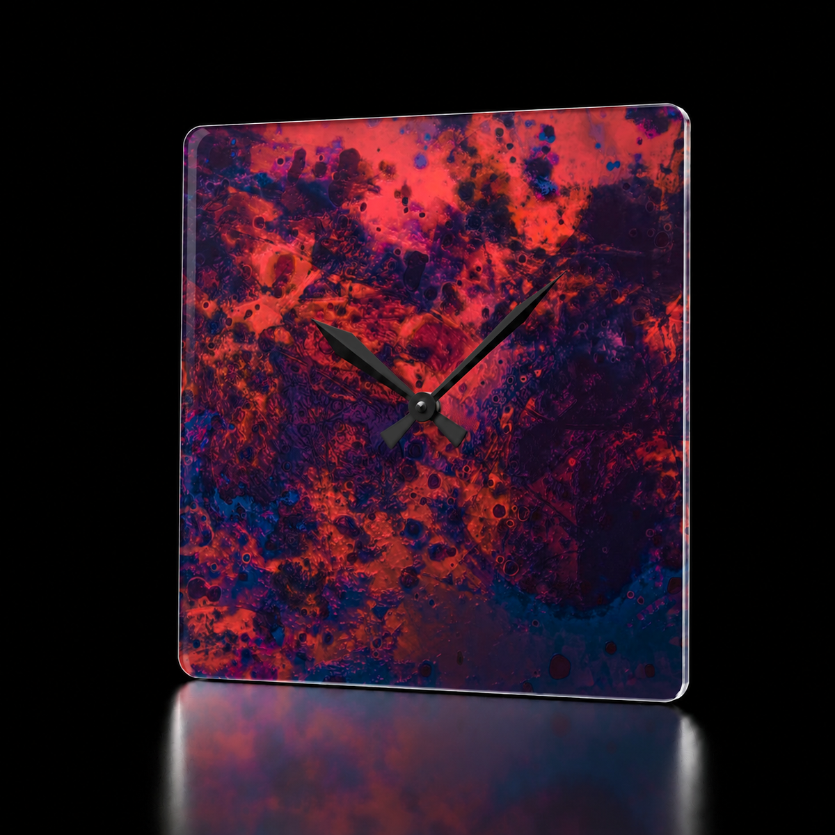 Nocturn I square acrylic wall clock by HOUR1207 featuring a moody abstract composition in deep crimson, magenta, violet, and dark blue tones, finished with minimalist black hands and a glossy acrylic surface.