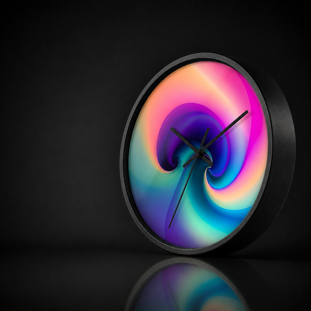 Prism Spiral round wall clock by HOUR1207 with a vibrant pink, purple, blue and teal abstract swirl, black frame and soft reflection on a dark studio background.