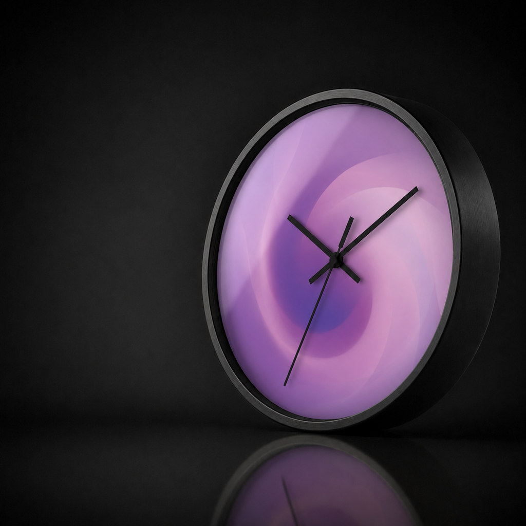 Purple May round wall clock with a black wooden frame and soft lavender and pink spiral artwork, presented in a premium dark studio setting with a gentle acrylic reflection and subtle mirrored surface.