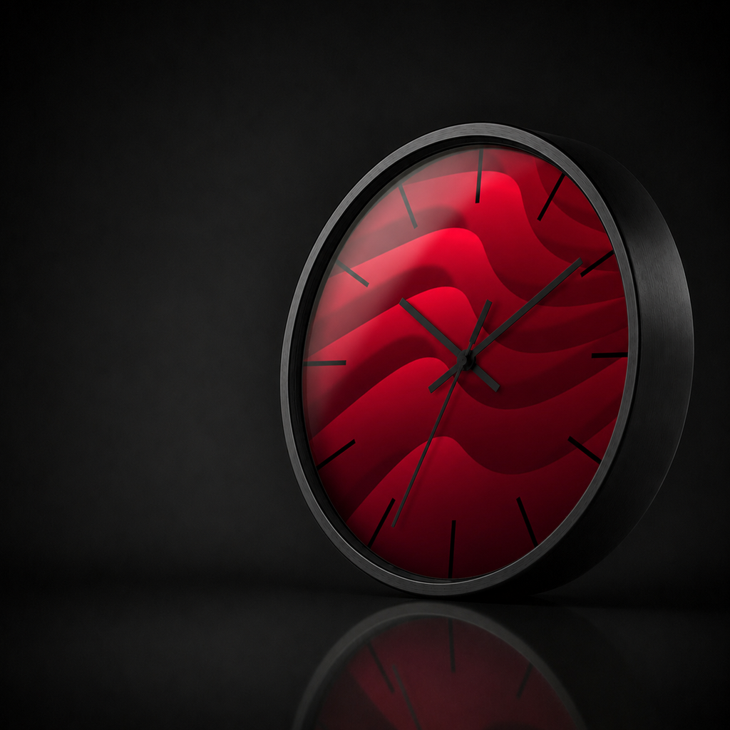 Red Hills round wall clock with a black wooden frame and layered crimson red abstract wave artwork, presented in a premium dark studio setting with a soft acrylic reflection and subtle mirrored surface.