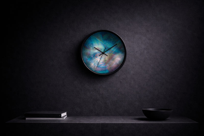 round wall clock "Into Space" in dark grey interior futuristic cosmic wall clock minimalist design