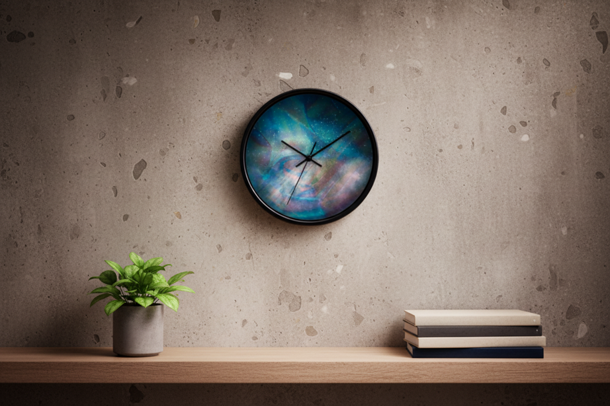round wall clock "Into Space" in beauty interior futuristic cosmic wall clock minimalist design
