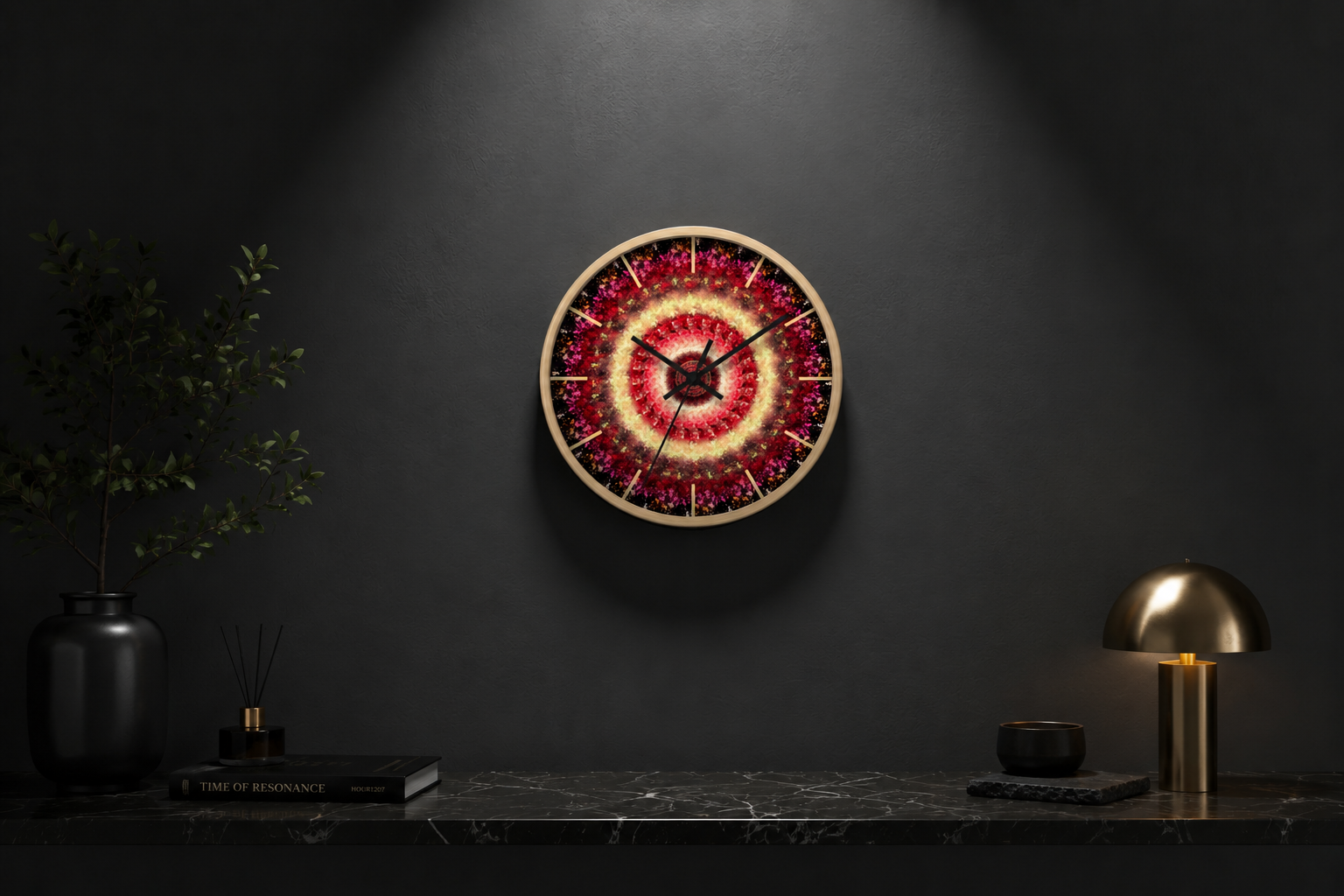 Seraphine radiant mandala wall clock by HOUR1207 displayed in a dark modern interior