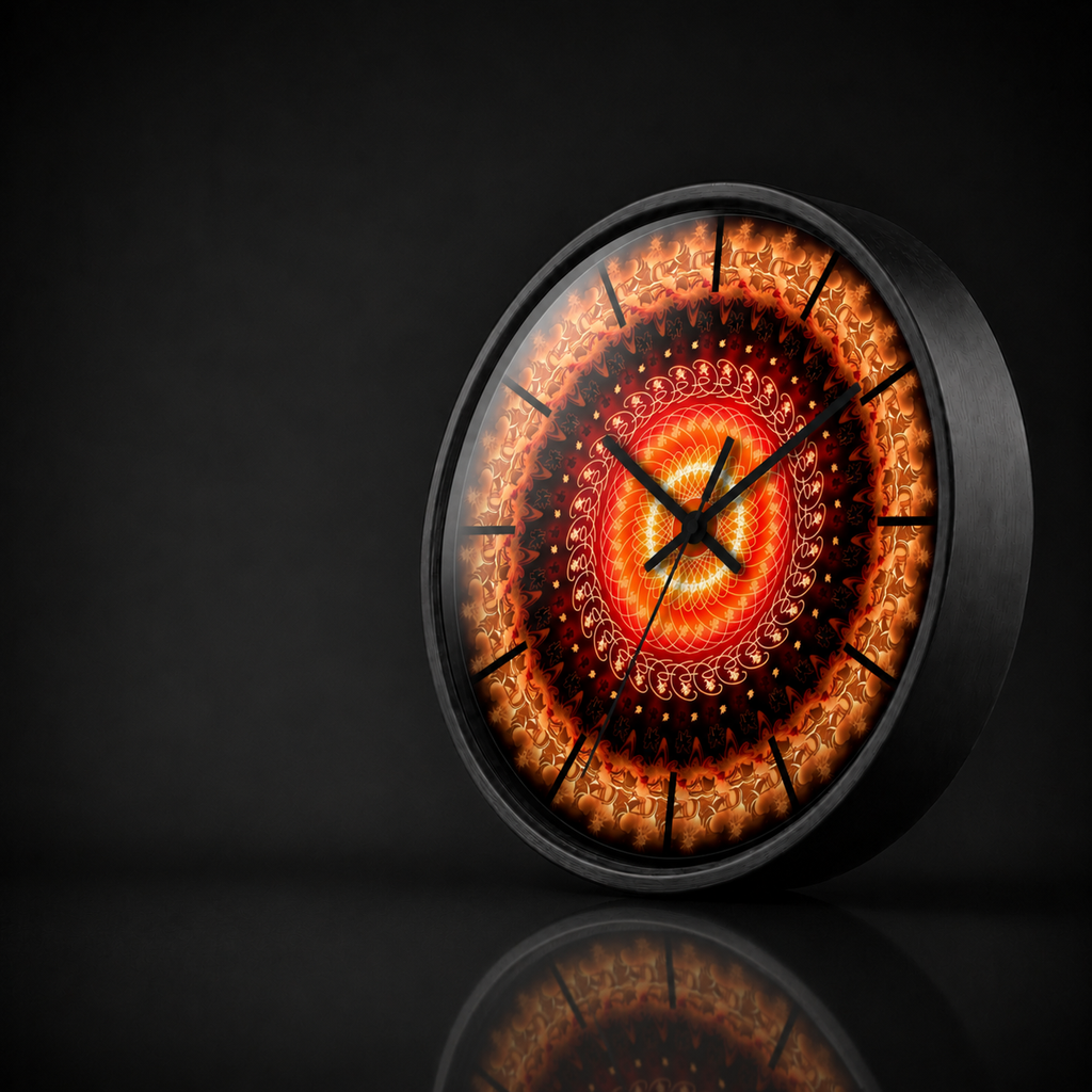Round wall clock with a black wooden frame and glowing orange mandala artwork, shown in a premium dark studio setting with a soft acrylic reflection and subtle mirrored surface.