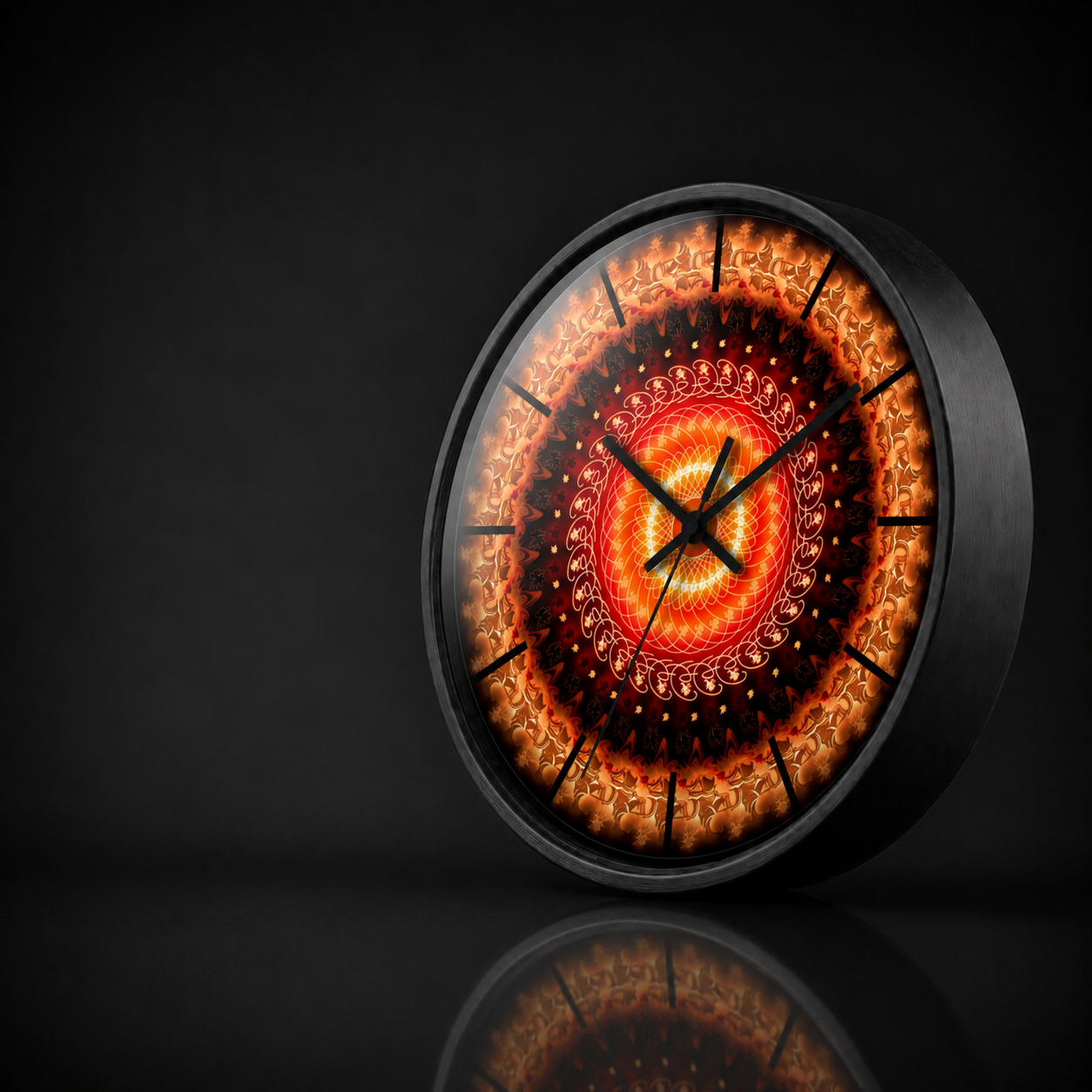 Round wall clock with a black wooden frame and glowing orange mandala artwork, shown in a premium dark studio setting with a soft acrylic reflection and subtle mirrored surface.