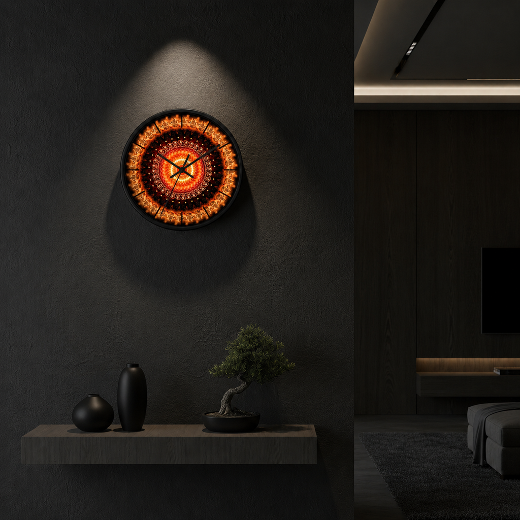 Solaris Mandala wall clock by HOUR1207 displayed in a dark modern interior