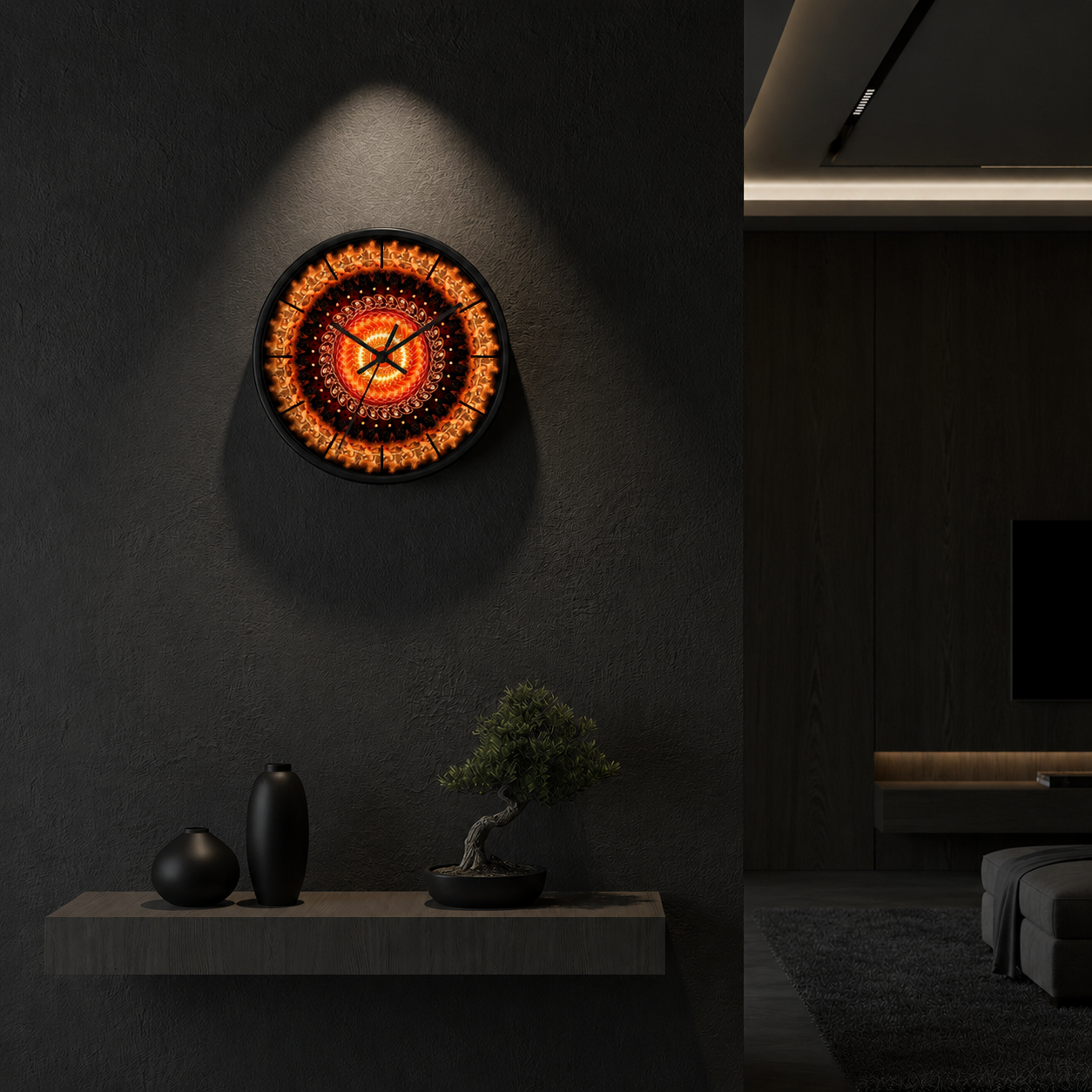 Solaris Mandala wall clock by HOUR1207 displayed in a dark modern interior