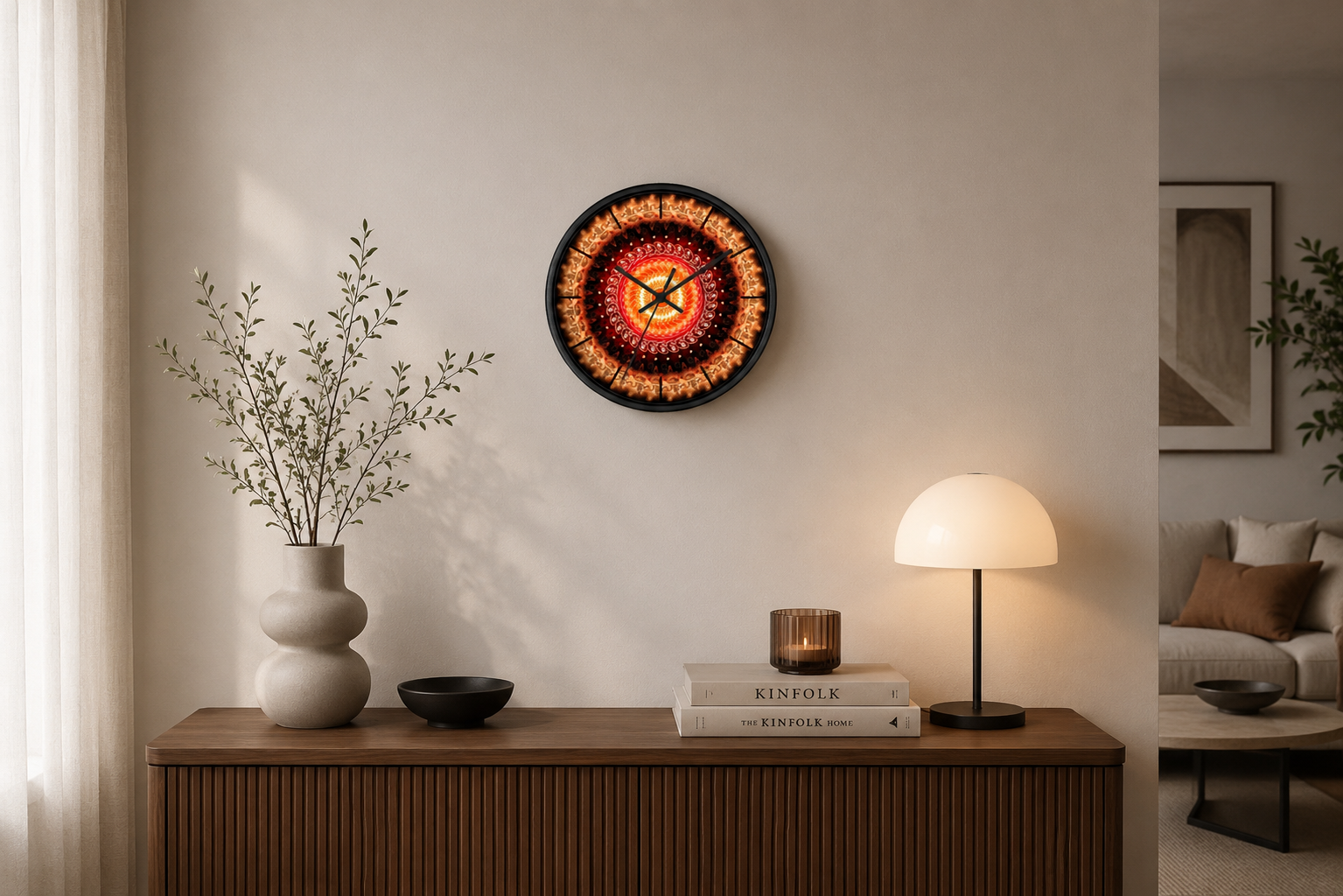 Solaris Mandala wall clock by HOUR1207 in a bright modern interior