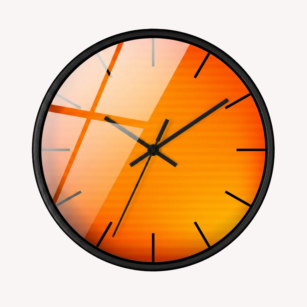 “Solaris Noir” wall clock by HOUR1207 featuring a glossy acrylic surface, vibrant orange gradient design, black frame detail, and reflective lighting finish.