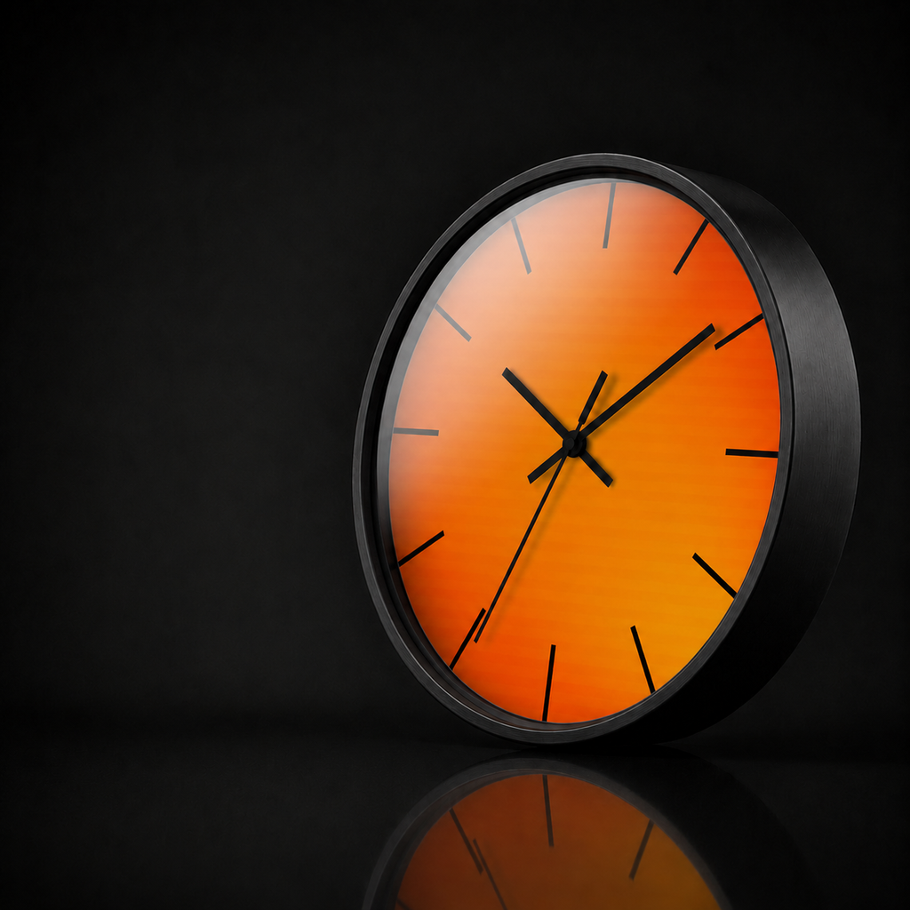 Solaris Noir round wall clock with a black wooden frame and warm orange gradient artwork, presented in a premium dark studio setting with a soft acrylic reflection and subtle mirrored surface.