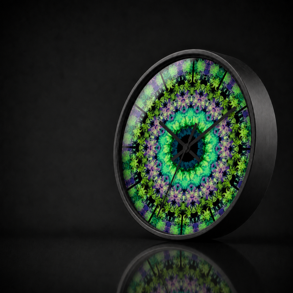 Verdant Aura round wall clock by HOUR1207 featuring a vibrant green, turquoise and purple abstract design in a black frame on a dark reflective studio background.
