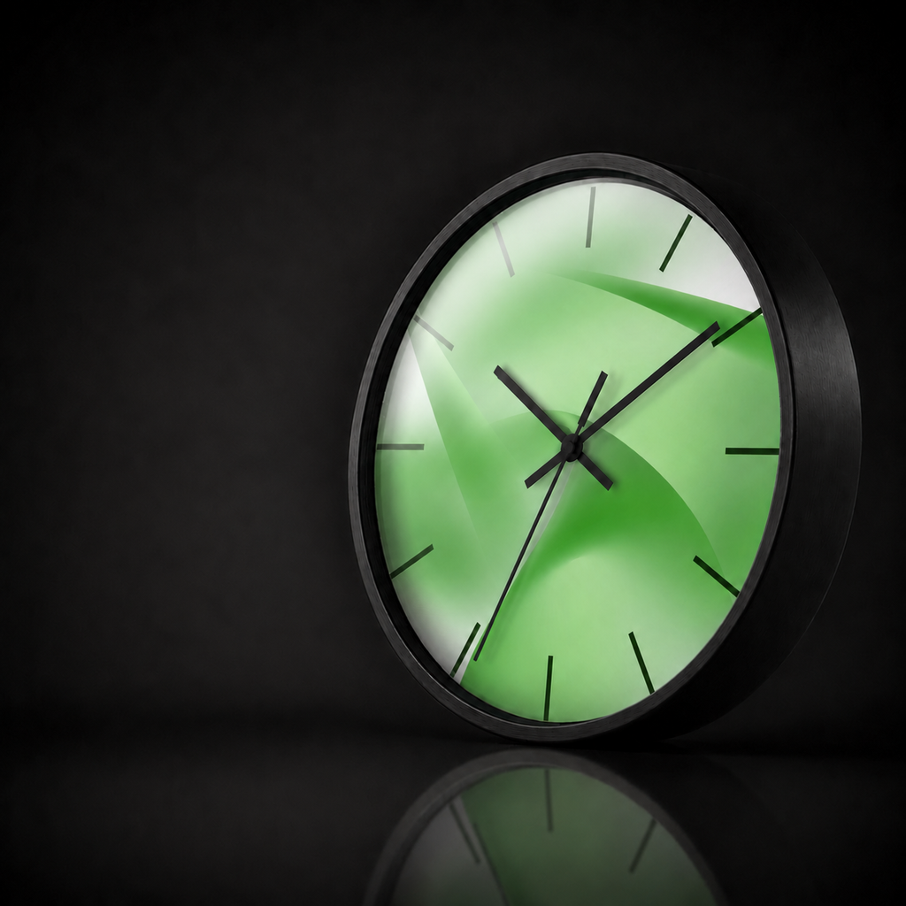 Verdant Aura round wall clock by HOUR1207 with a black frame, minimalist black hour markers and a layered green abstract dial on a dark studio background with a soft glass reflection.