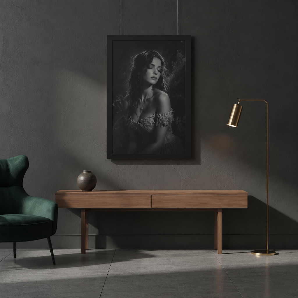 Vionelle Nocturne — Sonata of the Veil, a black and white nocturnal portrait artwork in a black frame, issued as a 1/1 HOUR1207 Archive Edition.