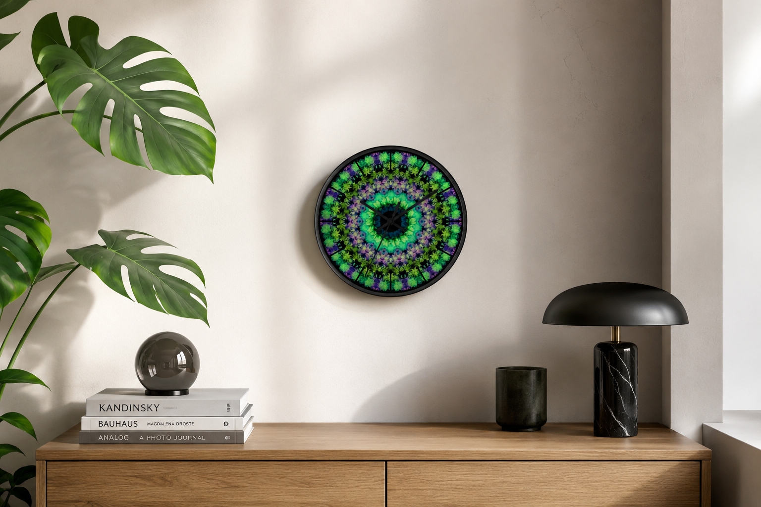 Virea round wall clock by HOUR1207 in a modern interior with wood console decor