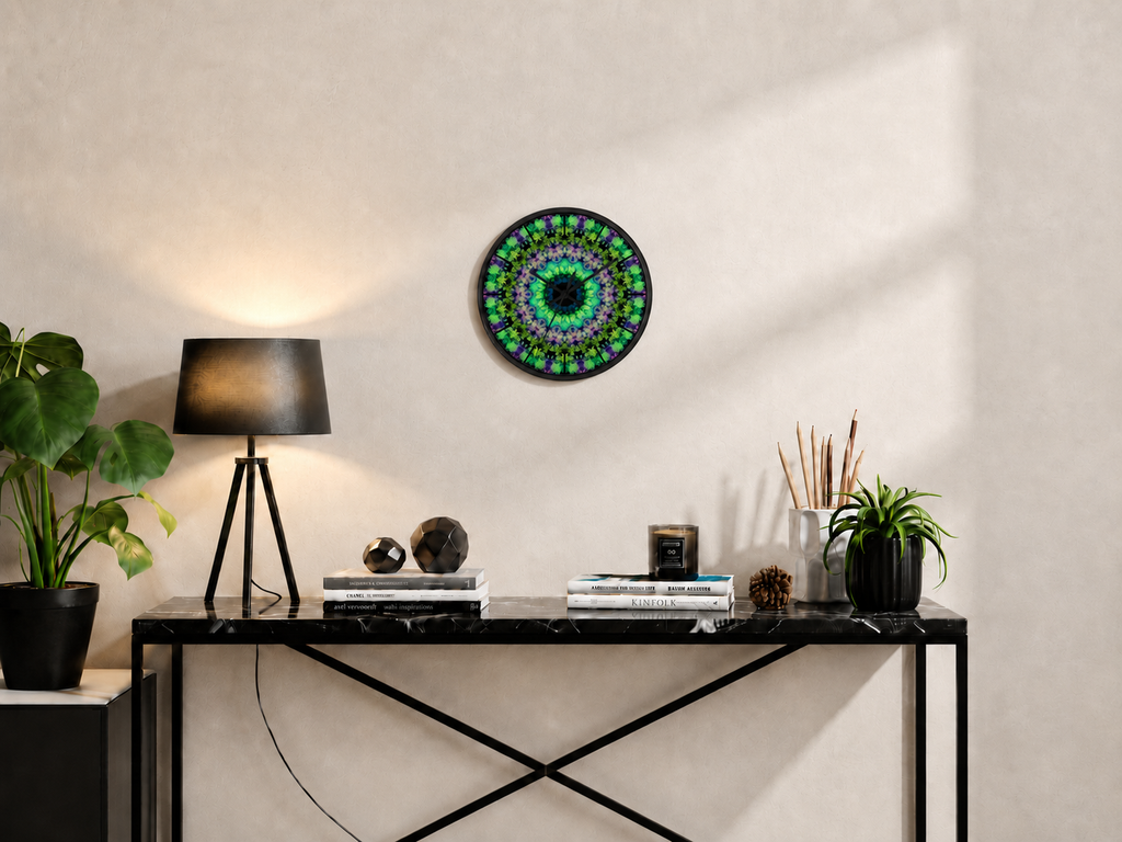 Virea round wall clock by HOUR1207 in a modern interior with black console decor