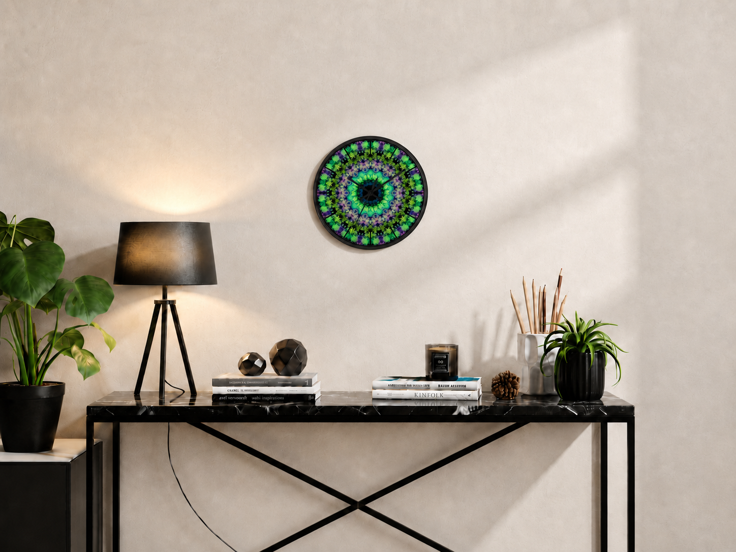 Virea round wall clock by HOUR1207 in a modern interior with black console decor